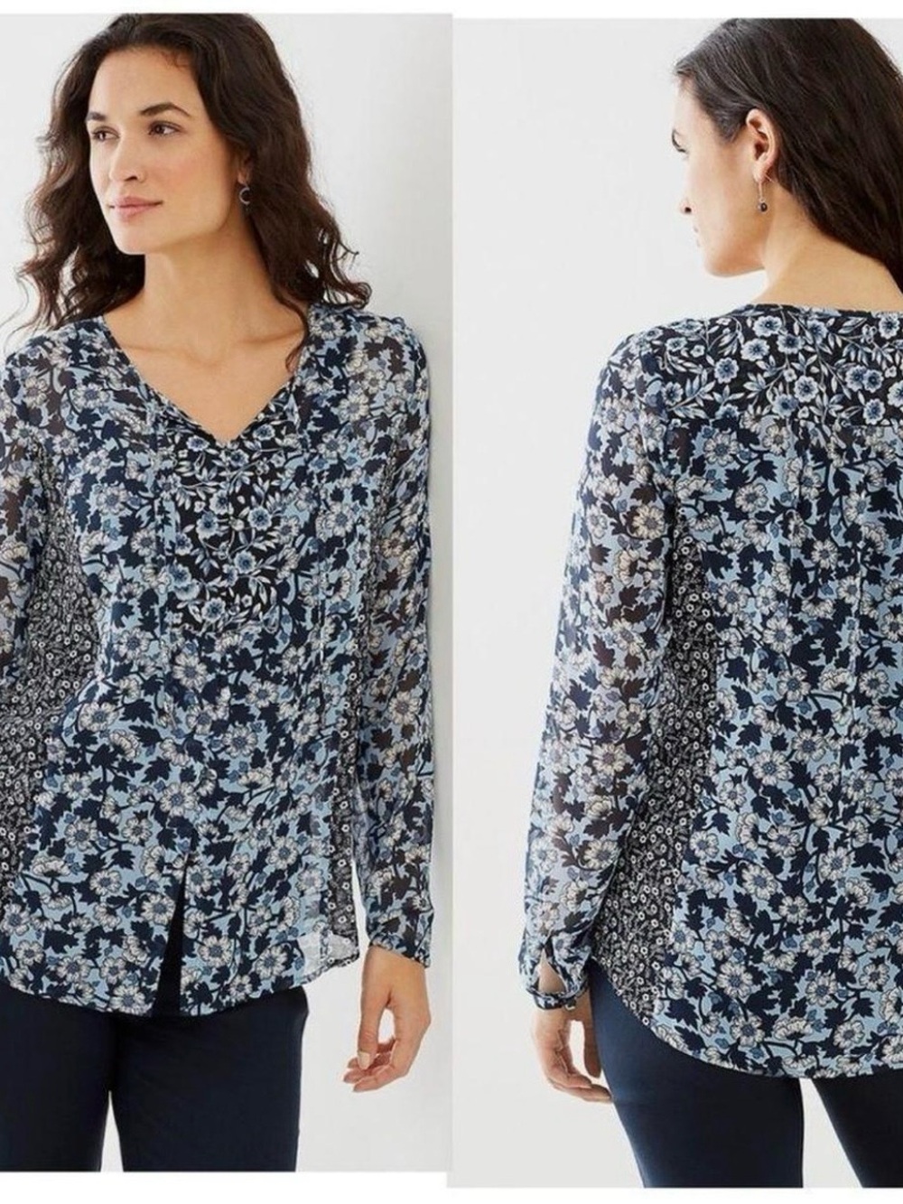 J JILL Sheer blue floral print button down blouse size L